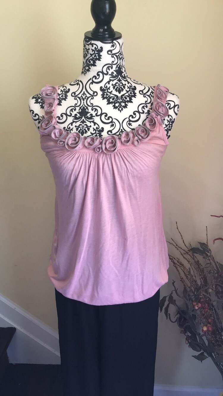 G.U.S.B Collection Y2K Pink Sleeveless Blouson Tank Top with Rosette Appliqué Ne
